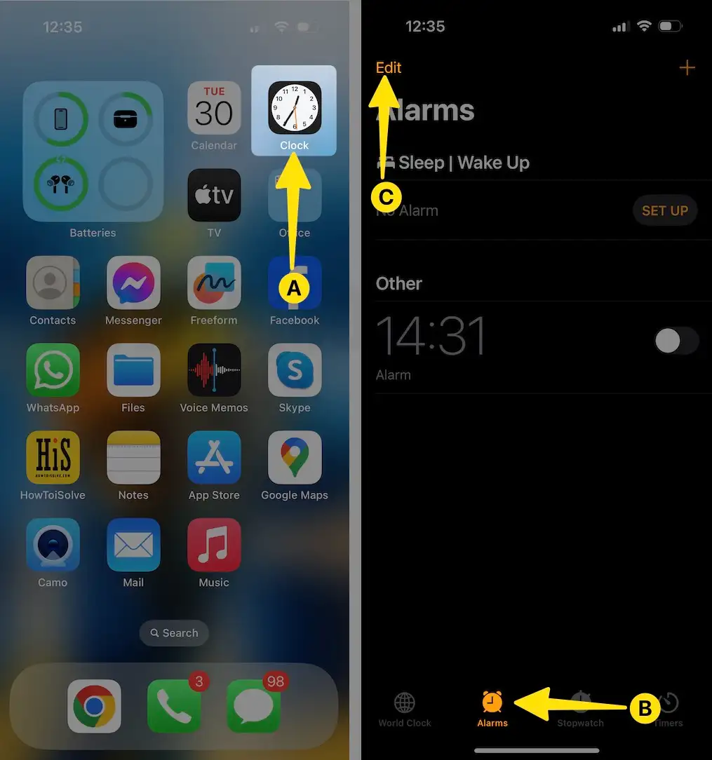 Open Clock App Select Alarm Tap on Edit on iPhone