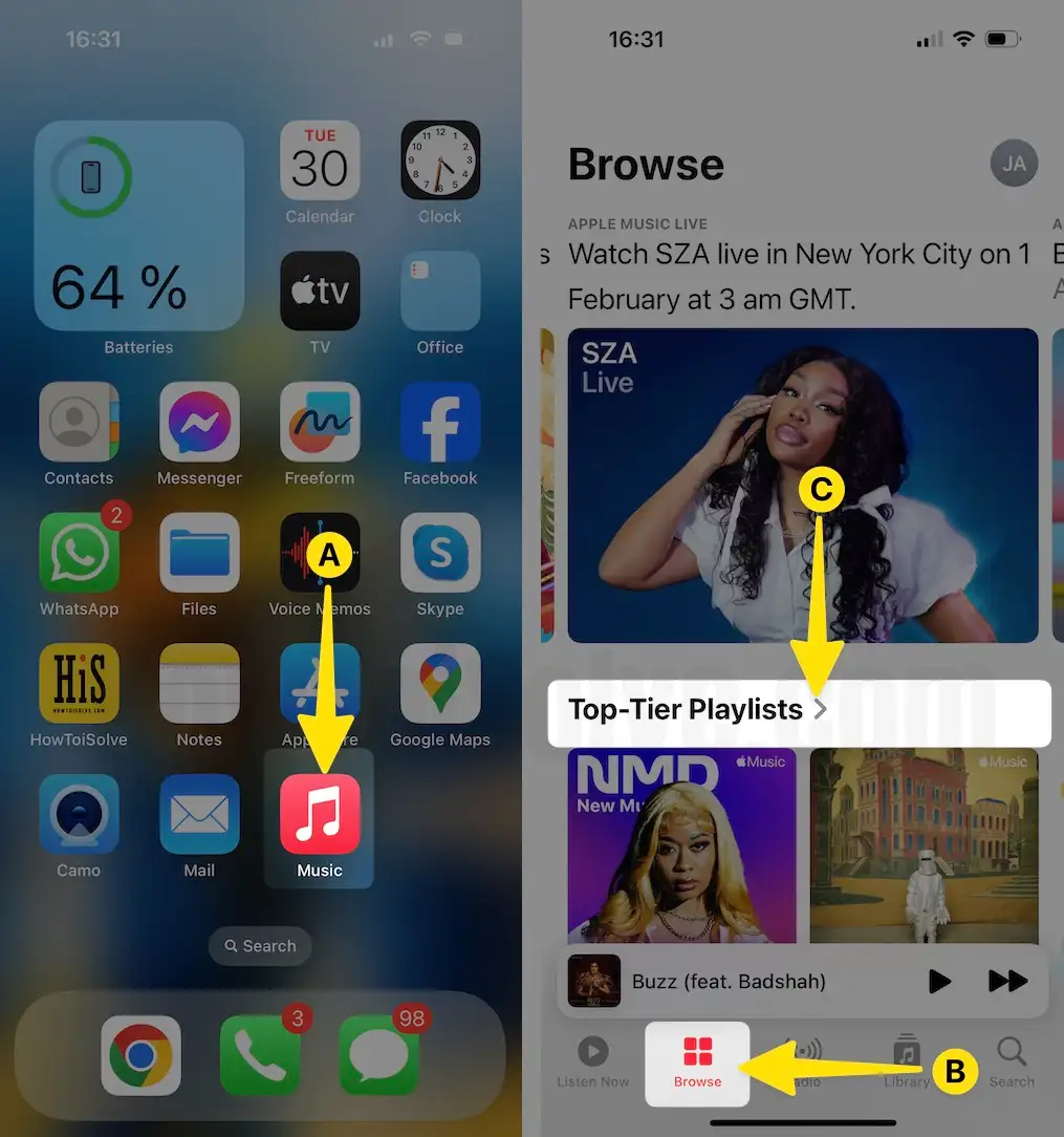 Open Music App Select Browse Tap on Top Playlists on iPhone
