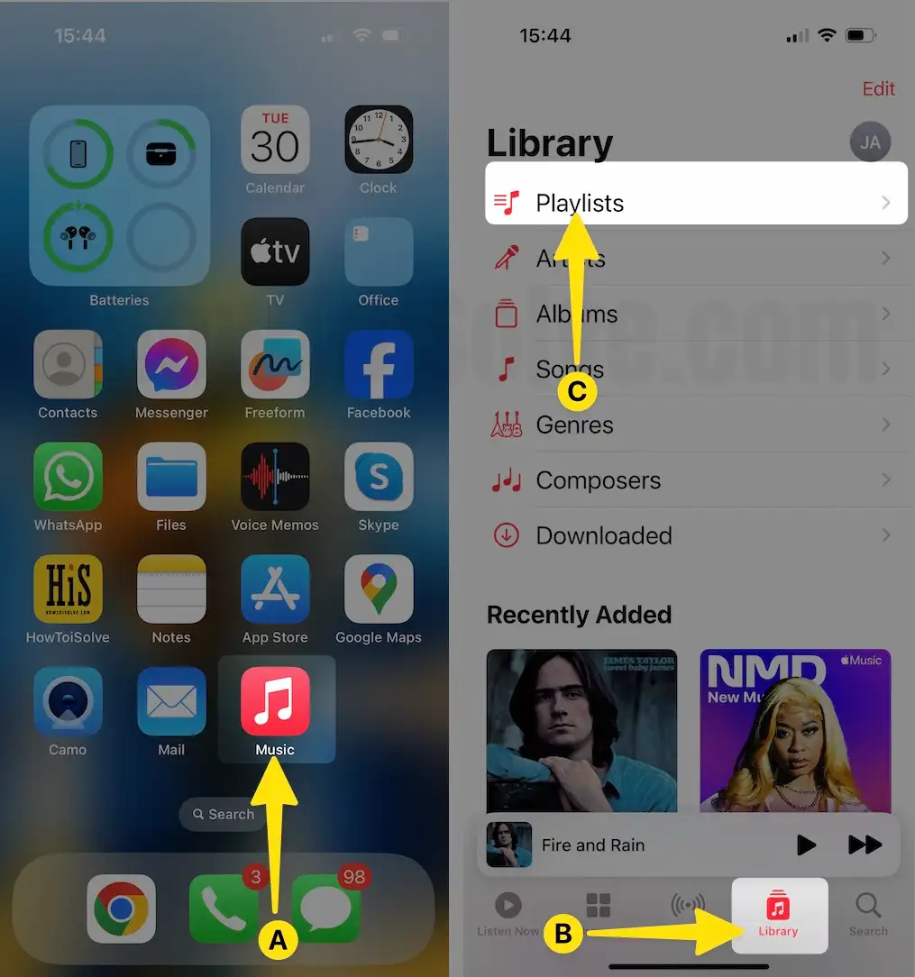 Open Music App Select Library Tap on Playlists on iPhone
