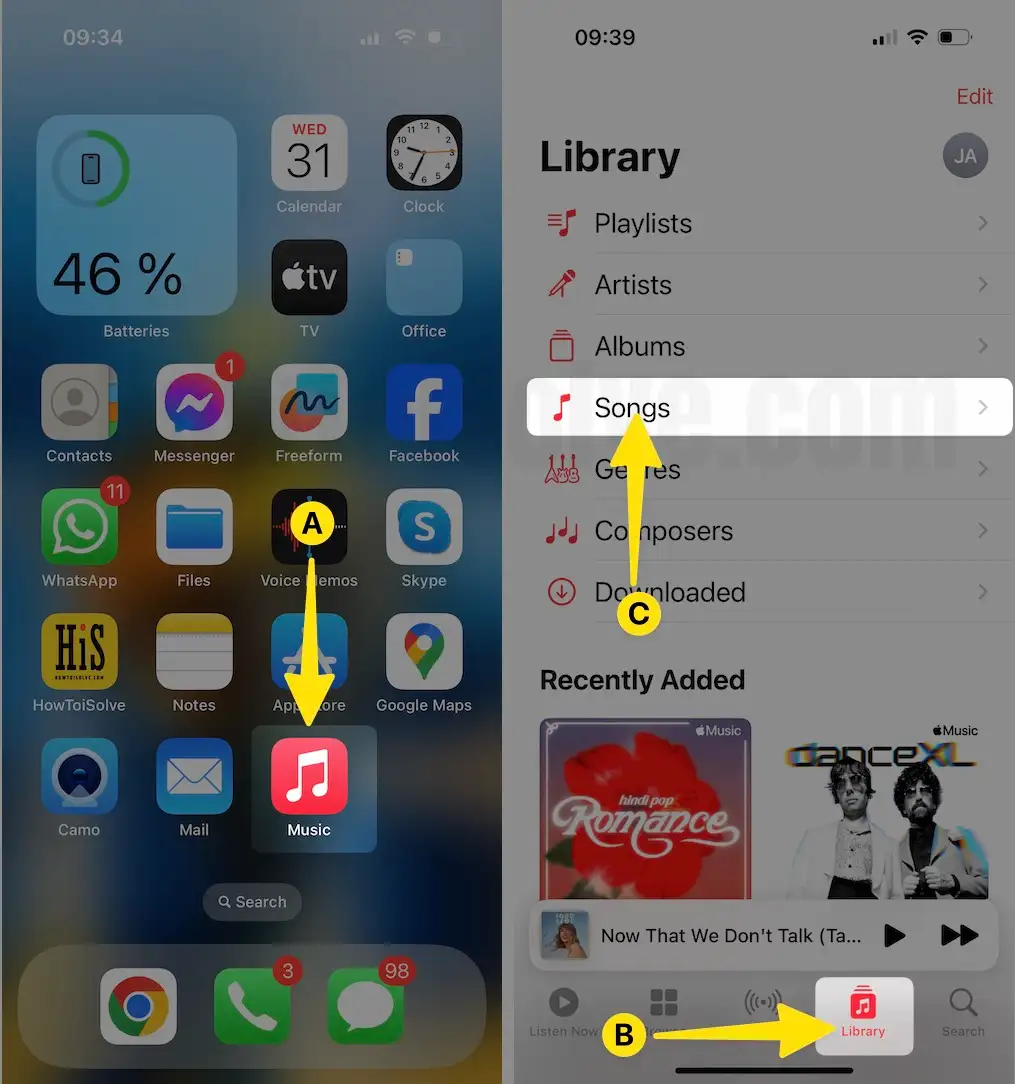 Open Music App Select Library Tap on Songs on iPhone