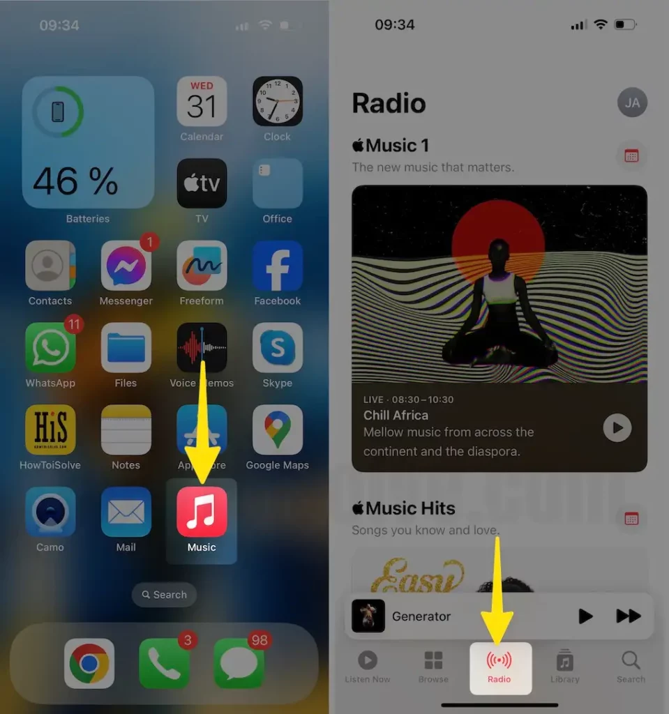 Open Music App Select Radio on iPhone