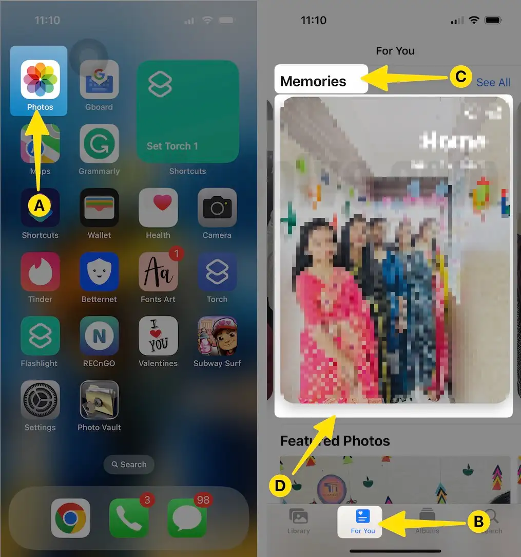 Open Photos App Tap on For you Select Memories Tab on iPhone
