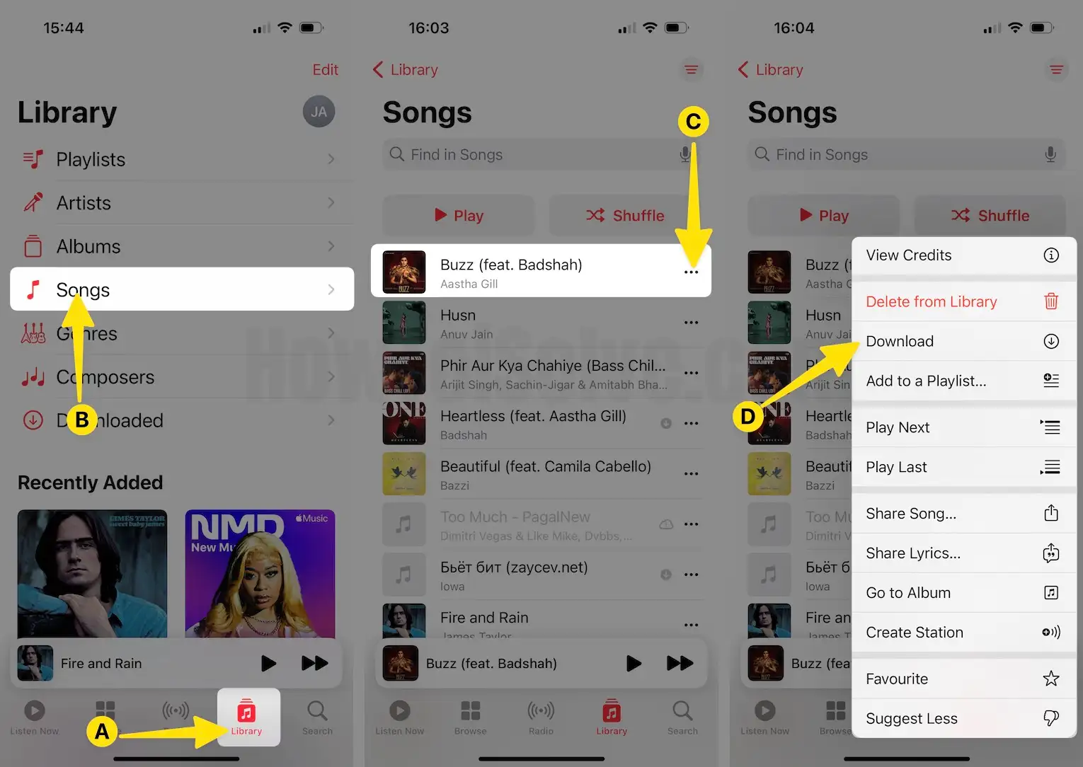 Tap on Library Select Songs Tap Three Dots next to Song Select Download on iPhone