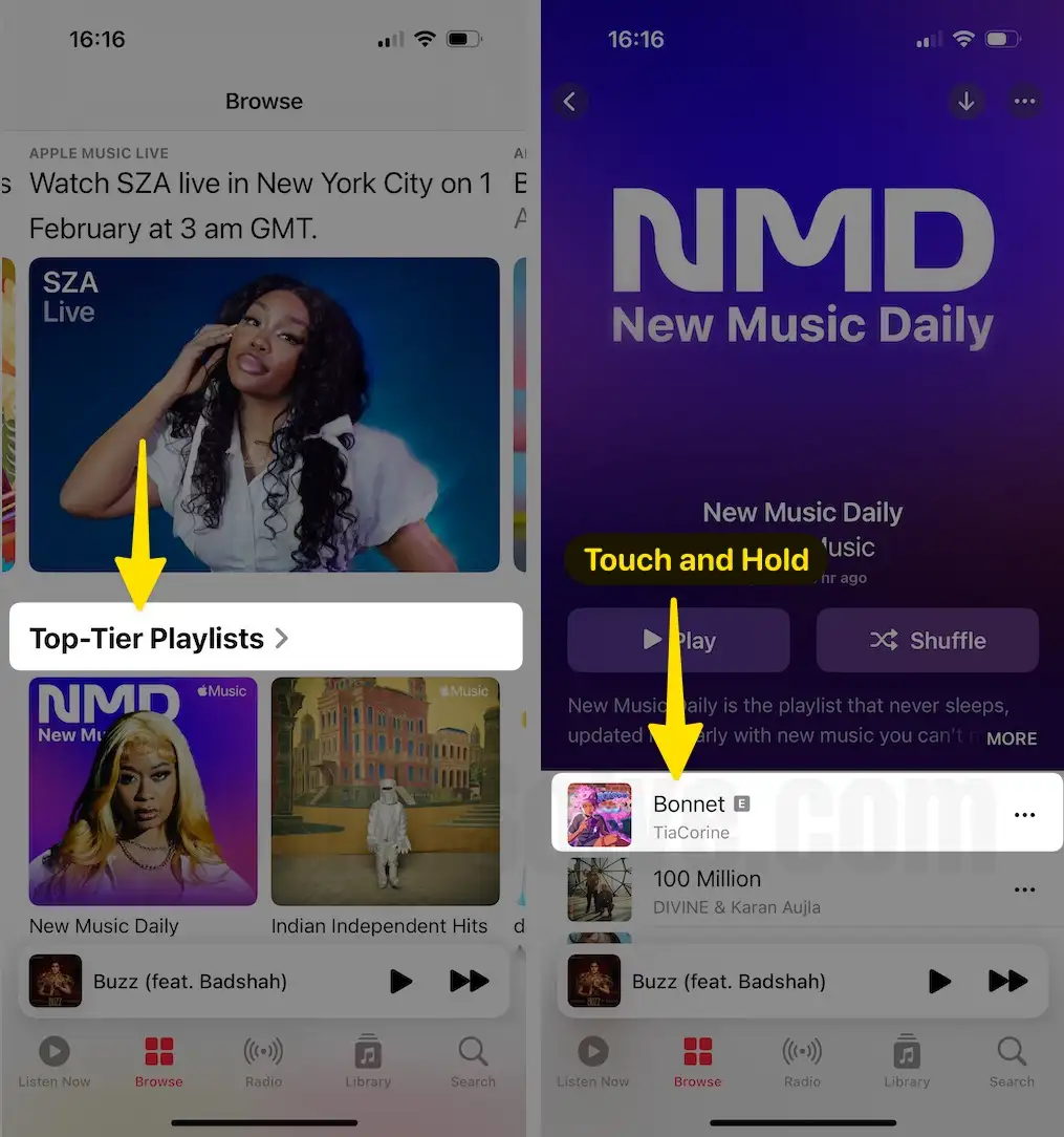 Tap on Top playlists Touch and Hold to the Song on iPhone