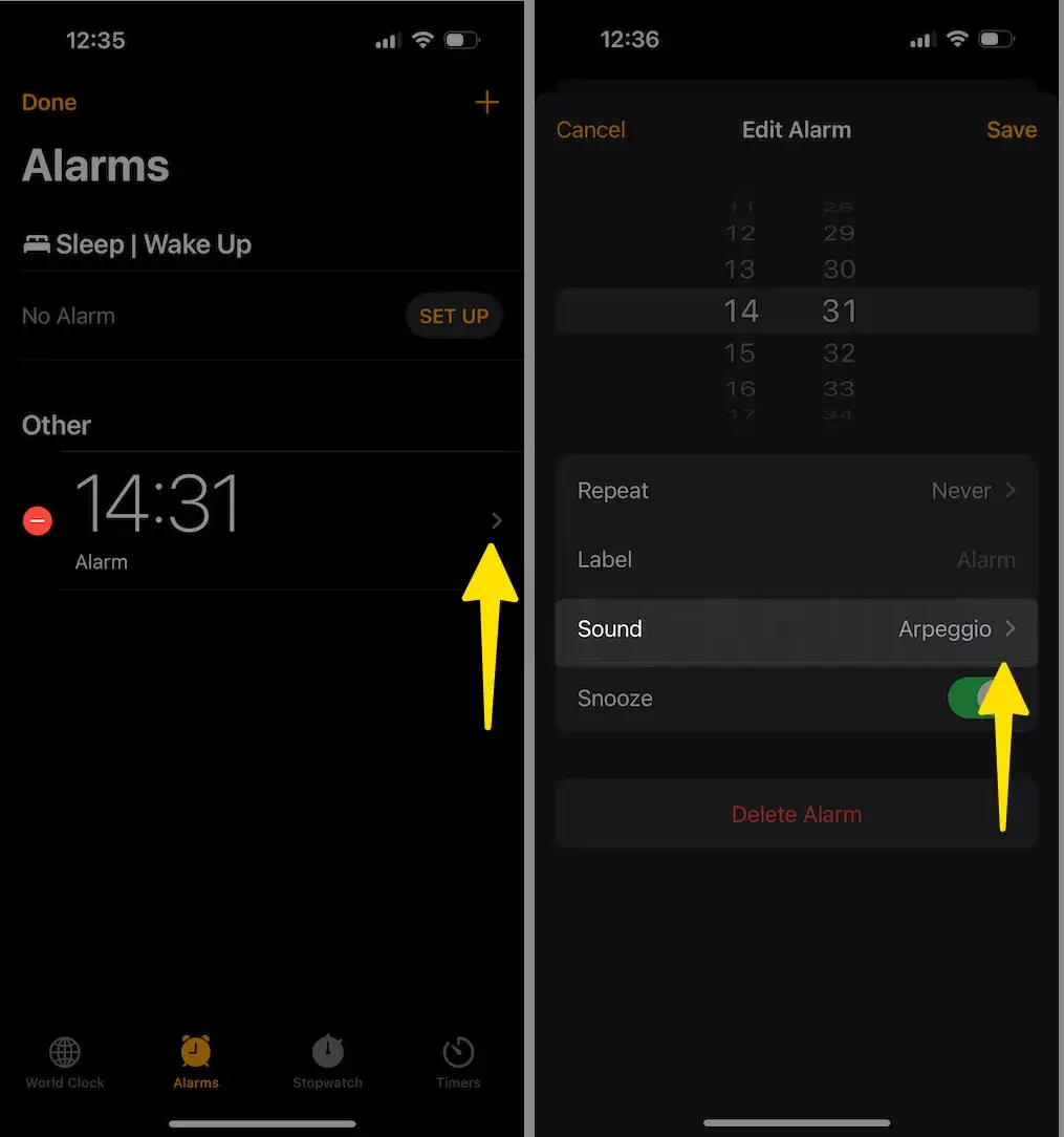 Pick up specific alarms Pick-up Sound on iPhone