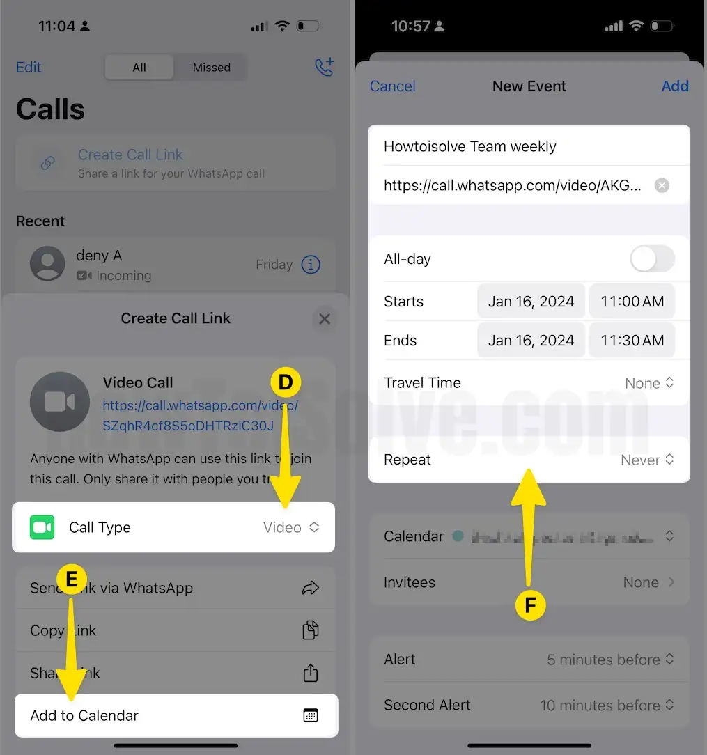 Select Video next to Call Type Tap on Add to Calender on iPhone