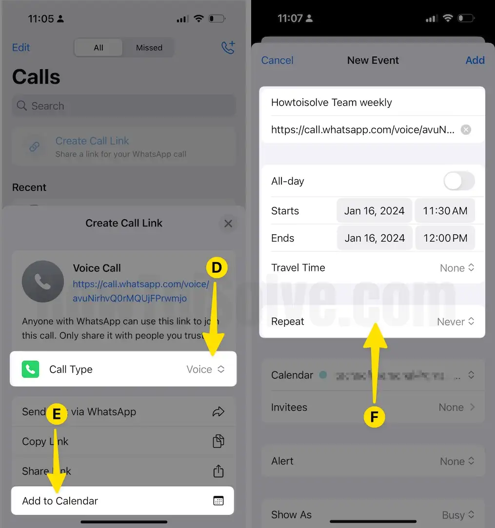 Select Voice Next to Call type Tap on Add to Calender Enter the Details on iPhone