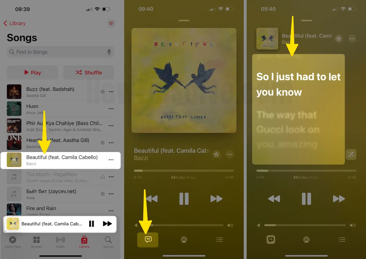 Tap on Desired Song to Play Click on Lyrics icon see the synced lyrics moving as the song continues on iPhone