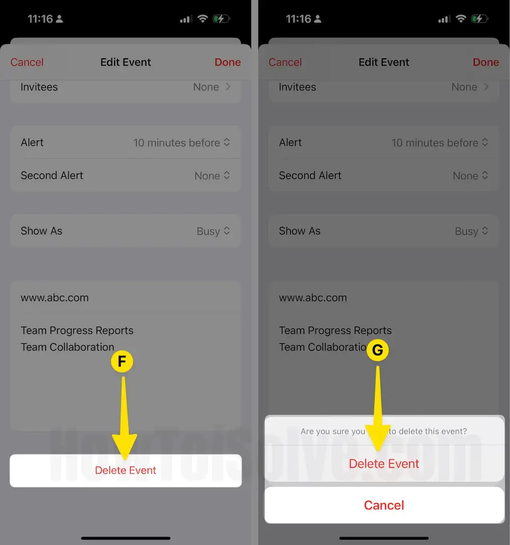 Delete a scheduled WhatsApp Call Tap on Delete Event Select Delete Event for Confirmation on iPhone