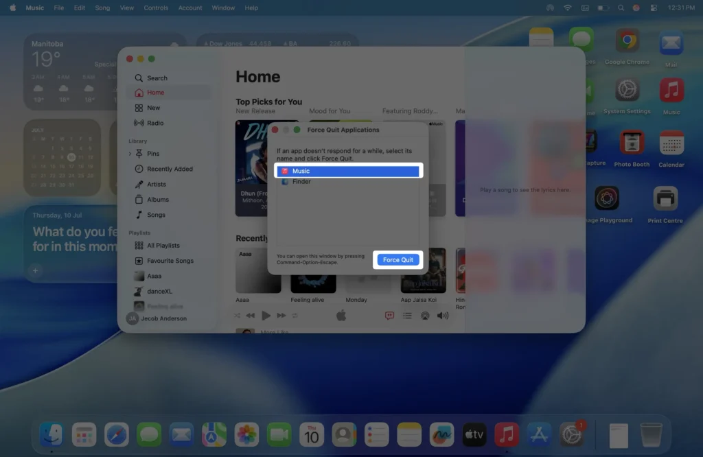 Click on Force Quit button on Macbook computer to close app