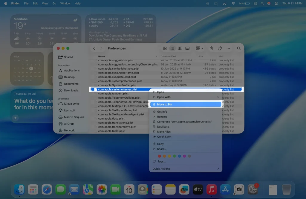 Delete PList for Reset menu bar and control center