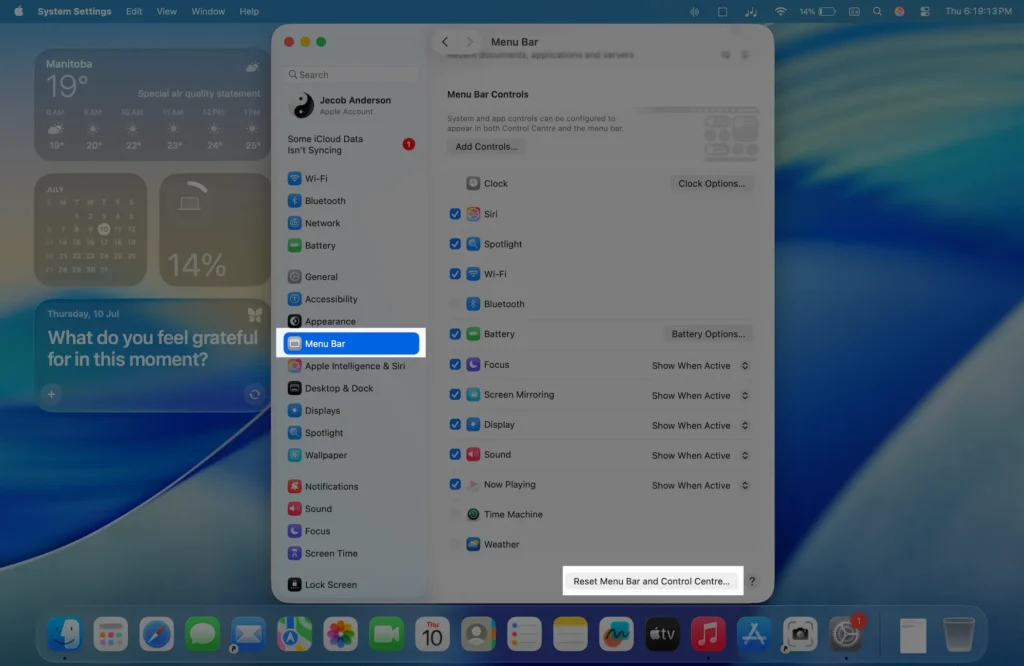 Reset Menu Bar and Control Center on MacBook in Tahoe