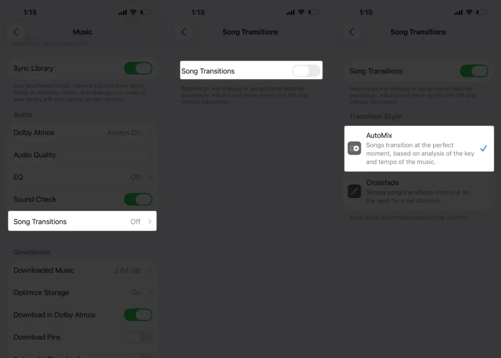 Turn on Automix in Song Transitions settings on iPhone