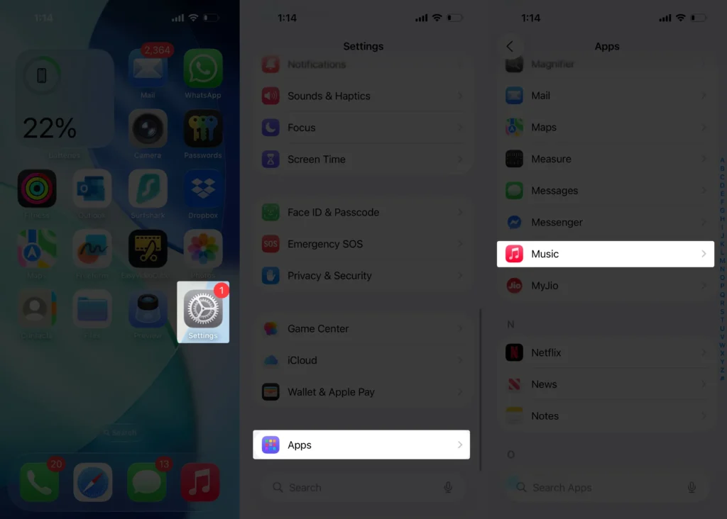 open music app settings on iPhone