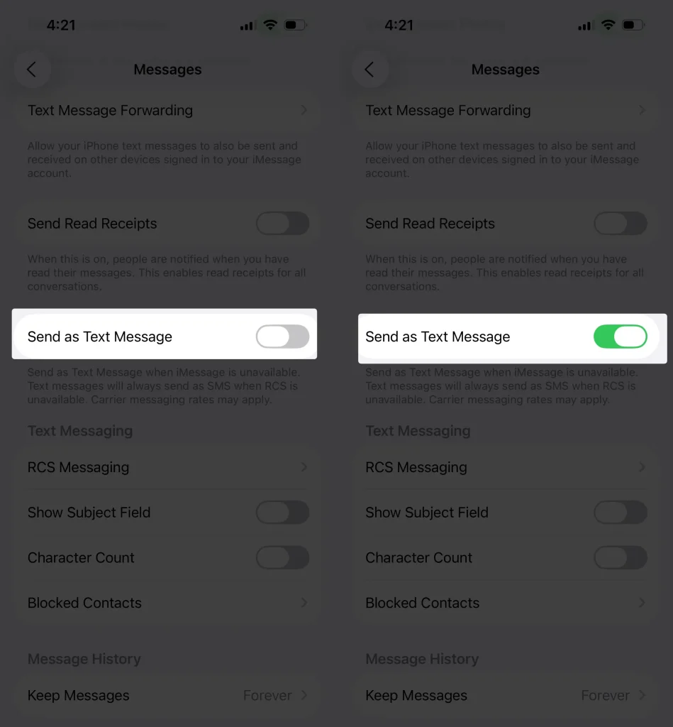 how to turn on Send as Text Message on iPhone