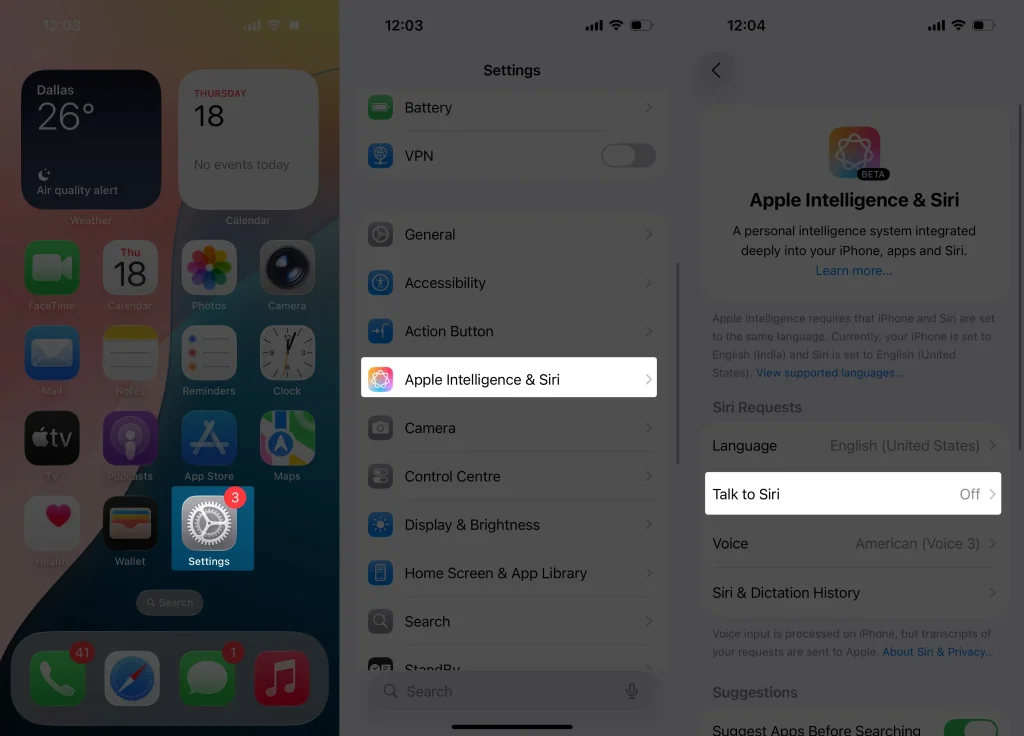 Apple Intelligence & Siri settings on iPhone