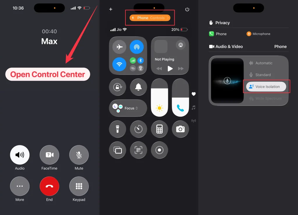 Open control center then phone controls choose voice isolation during Phone calls