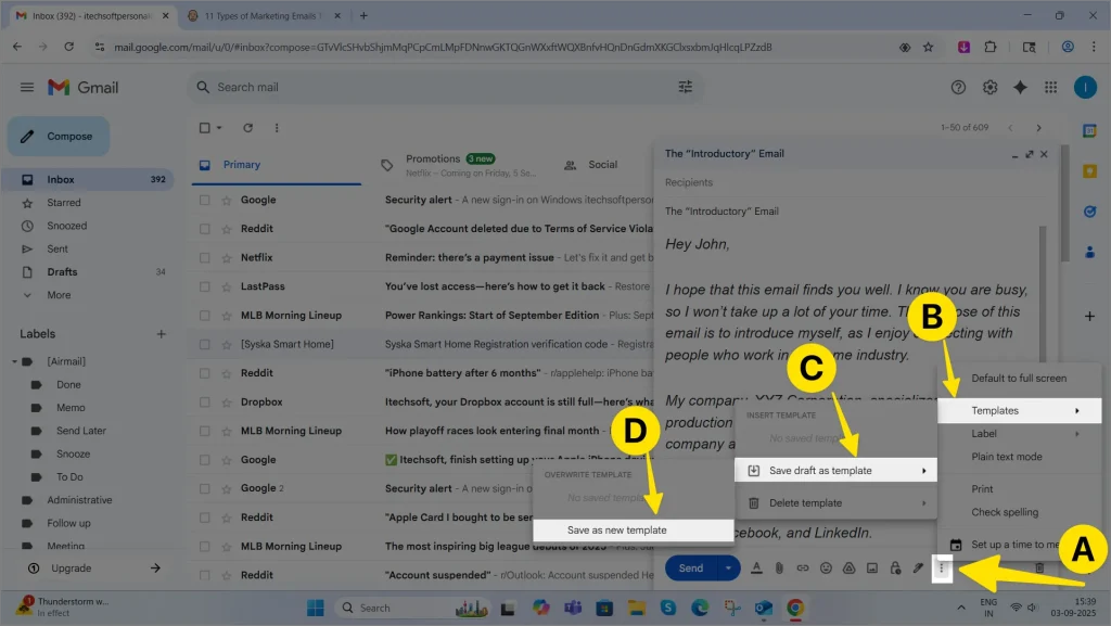 Save a new template in gmail