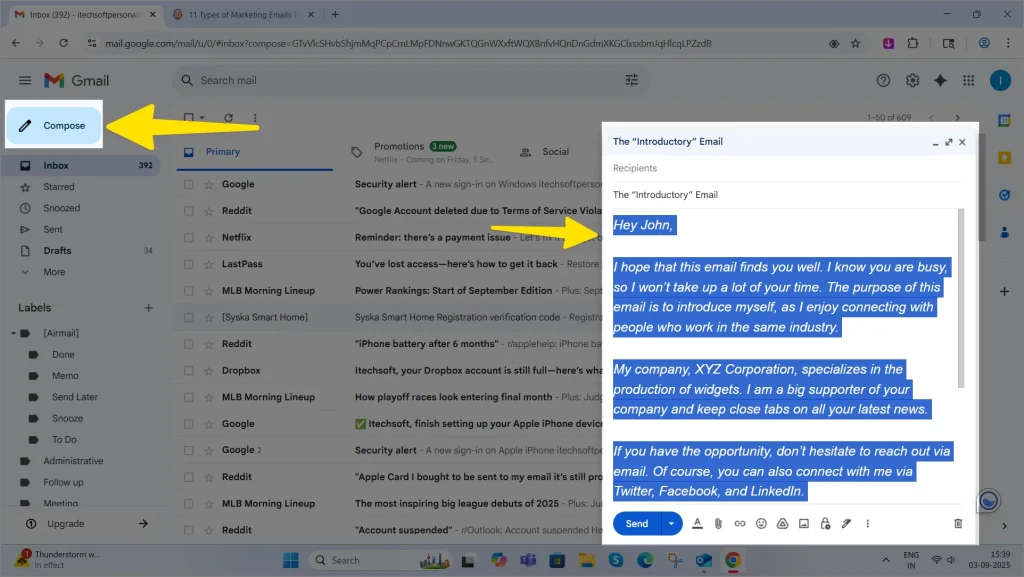compose a new email and create template