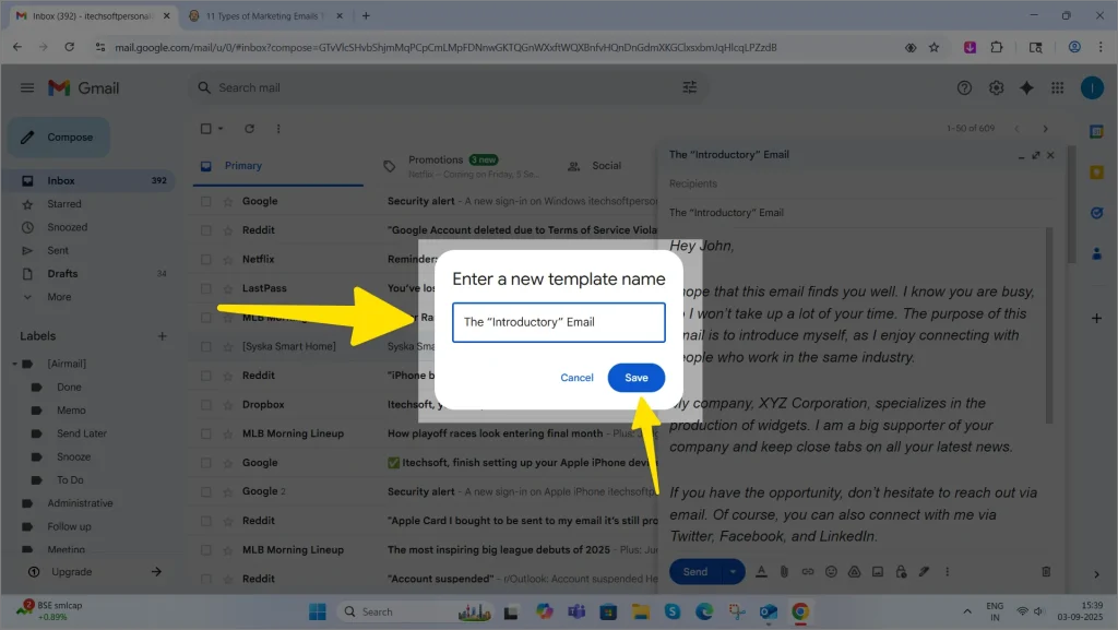 give a template name and save in gmail account