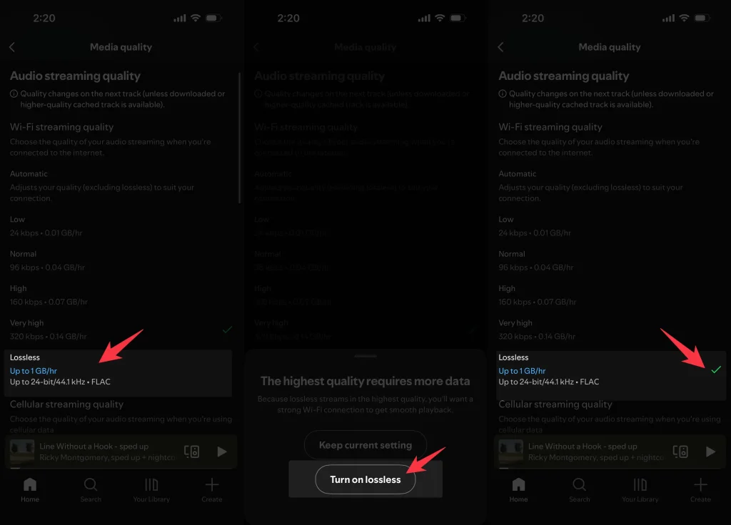 how to Turn on lossless in spotify for wifi on iPhone