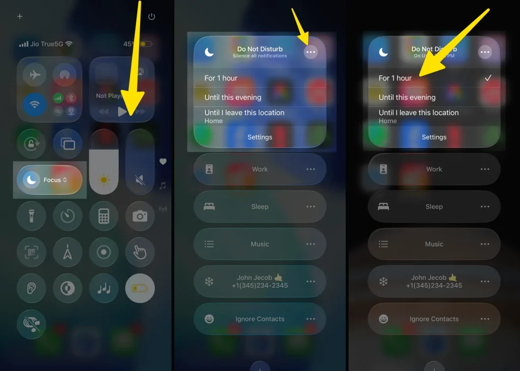 schedule focus from control center iphone
