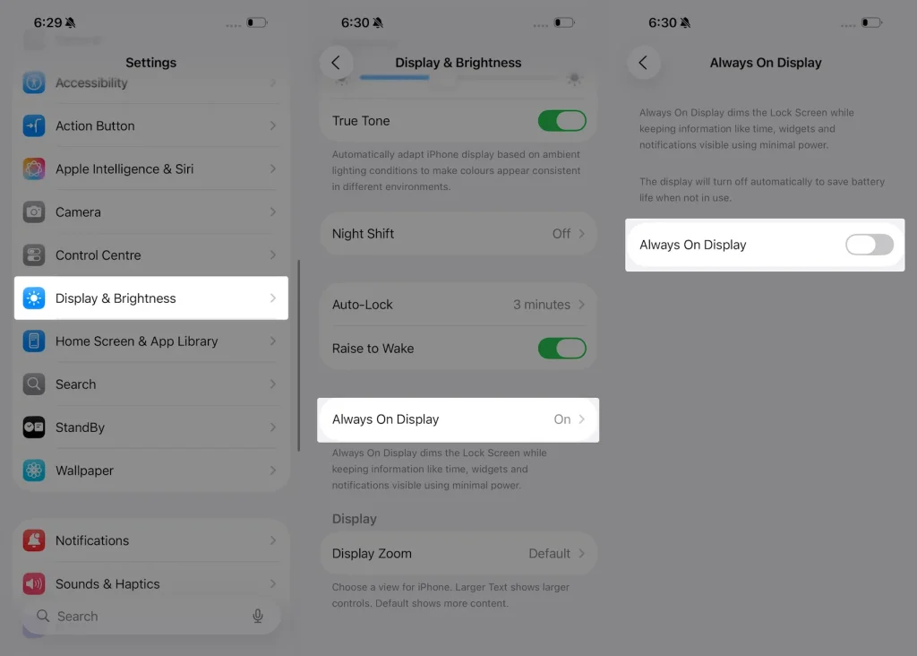 Disable Always on Display on iPhone 17 Pro