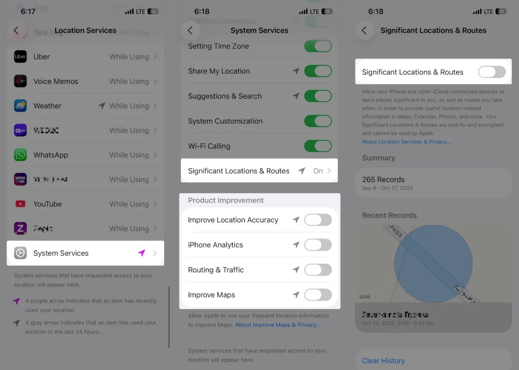System Service settings on iPhone 17 Pro