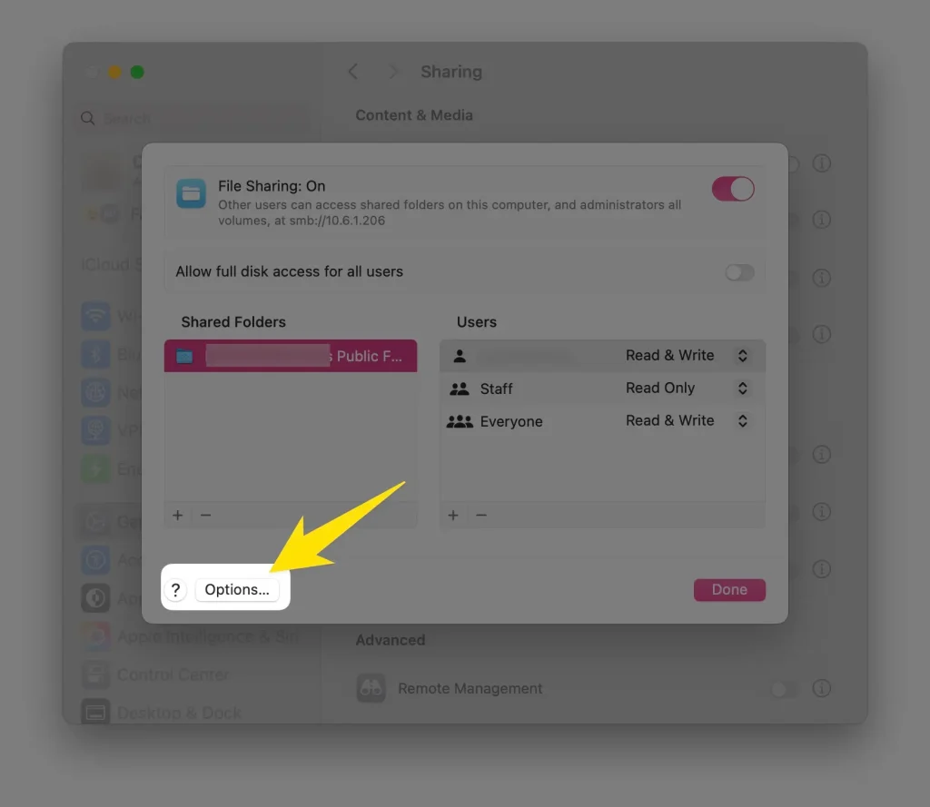 this is option setting under the file sharing enabled on mac computer