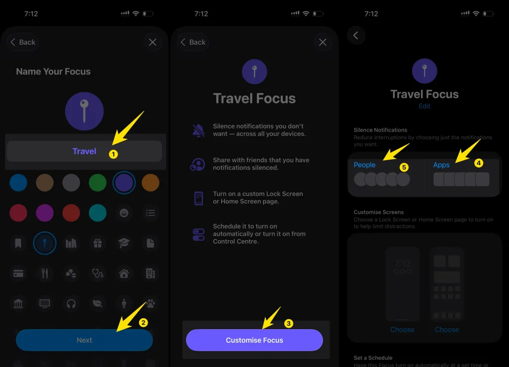 travel focus settings on iphone