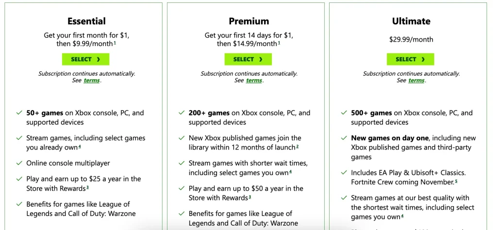 xbox game pass plan price
