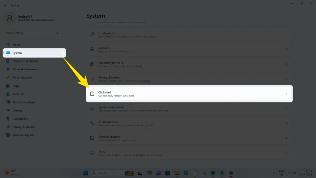 click on system to open Clipboard Cut and copy history, sync, clear settings windows 11