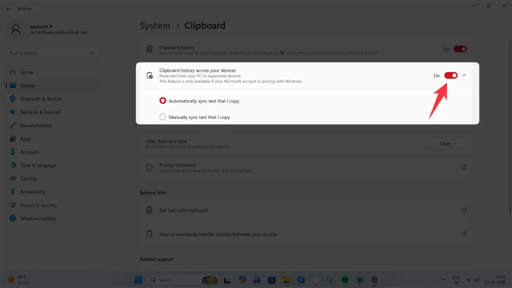 windows 11 Clipboard history across your devices