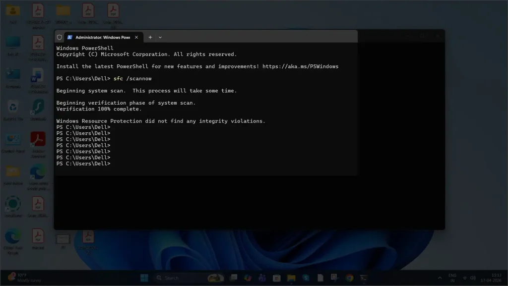 Administrator- Windows Power shell sfc scannow command run