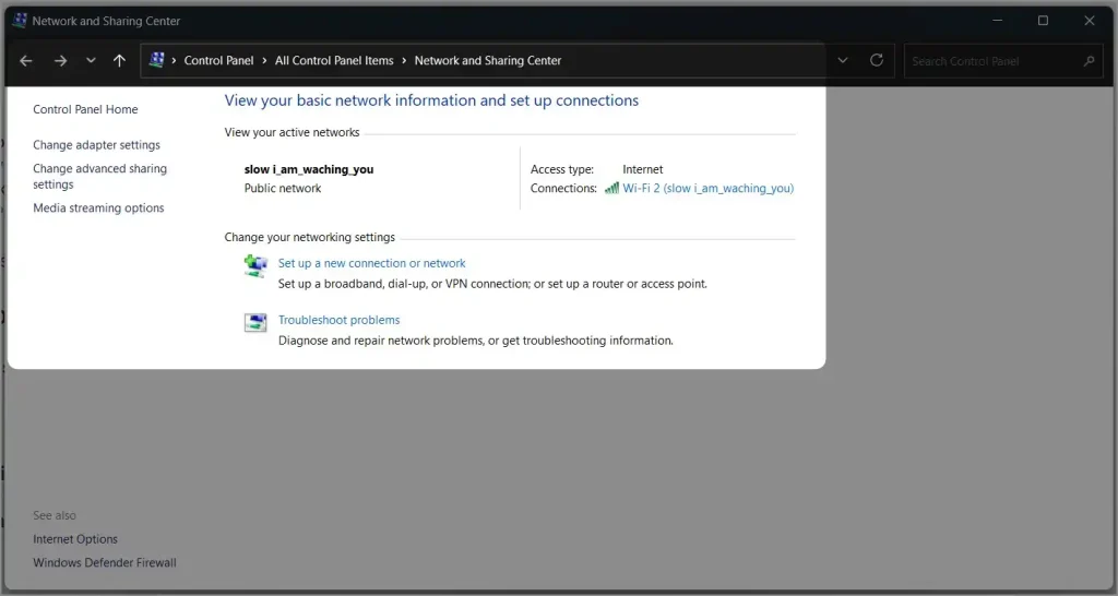 Network and Sharing Center in windows 11 computer