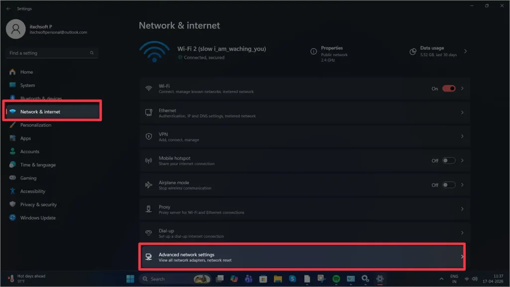 Network & internet to open advanced network settings in windows 11