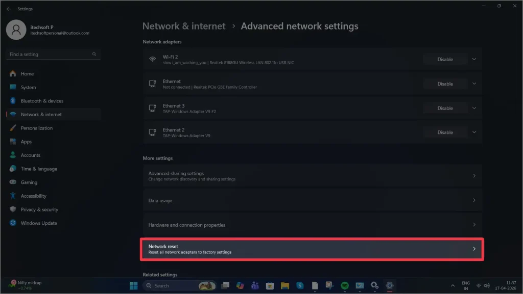 Network reset Reset all network adapters to factory settings