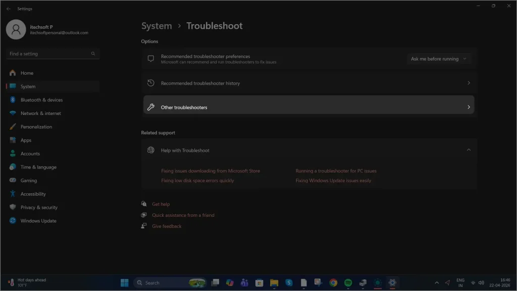 Other troubleshooters windows 11 screen