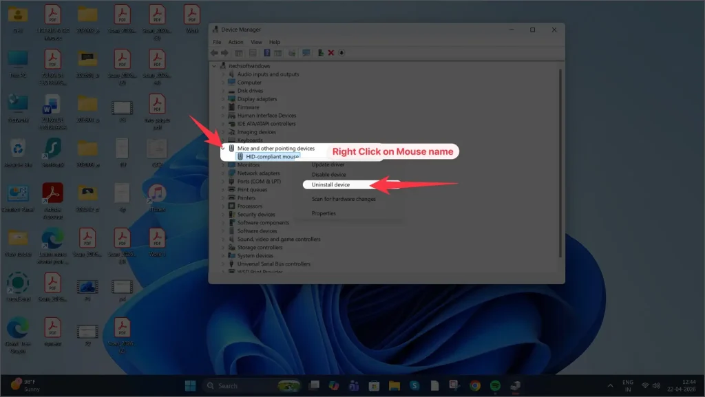 Uninstall device mouse on windows 11 computer