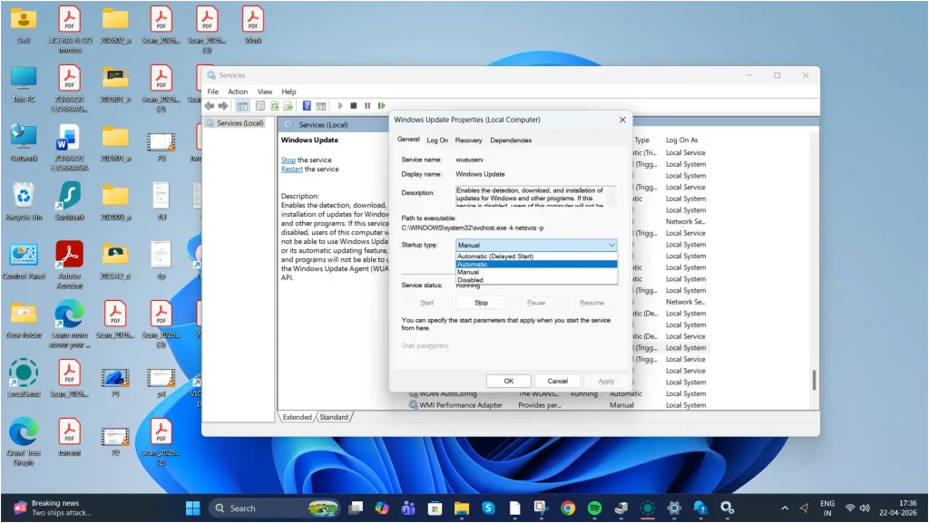 Windows Update service screen choose automatic