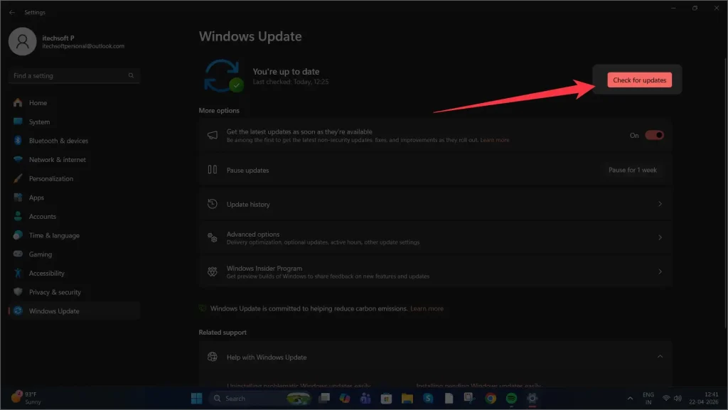 click on Check for updates in windows 11 computer