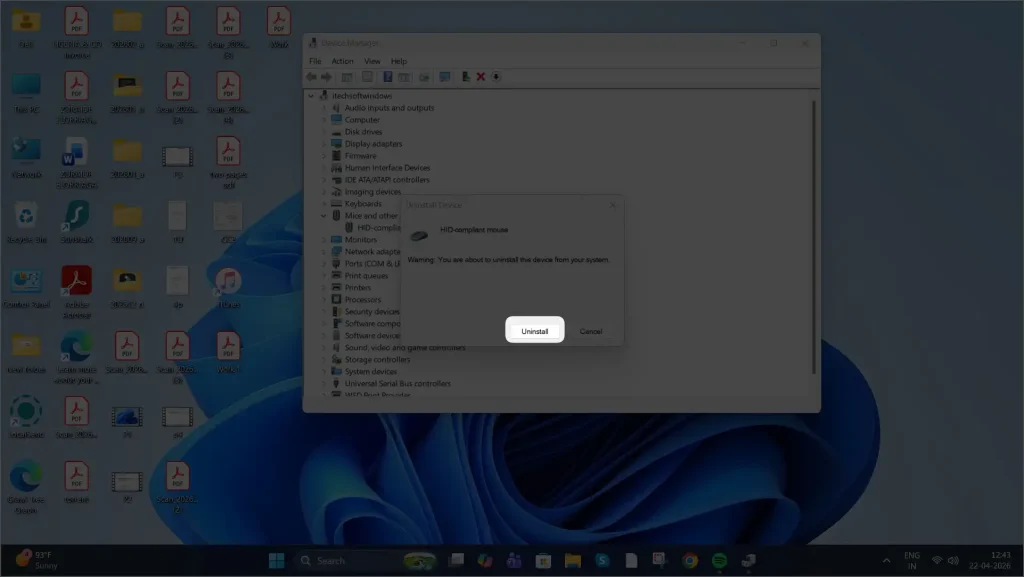 confirm to Uninstall device in windows 11 computer