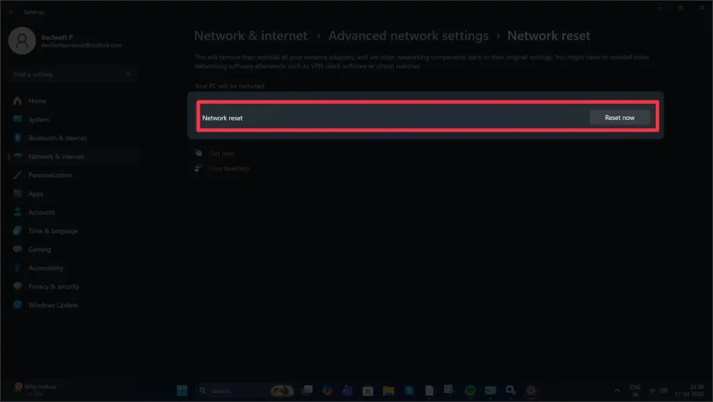 network Reset setting in windows 11 pc computer