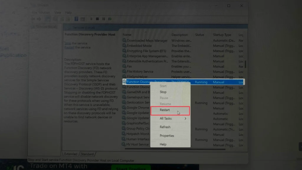 restart Function Discovery Provider Host screen in windows 11 computer