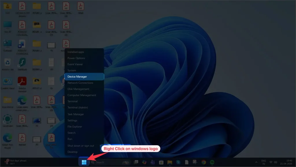 right click on windows logo and select device manager on windows 11 computer