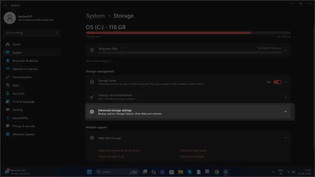 Advanced storage settings in windows 11