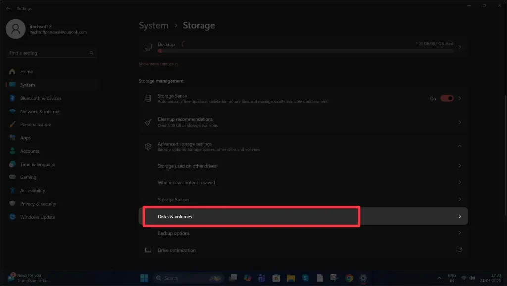 Disks & volumes in windows 11 screen