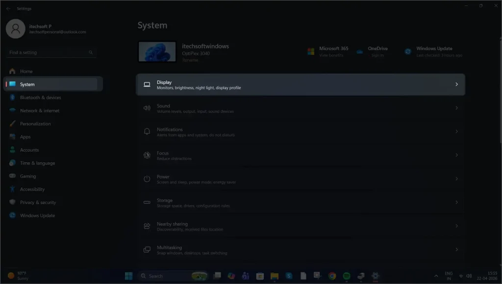 Display Monitors, brightness, night light, display profile setting in windows 11