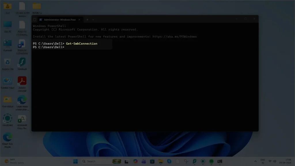 Get-SmbConnection command to check smb version in windows 11 pc computer