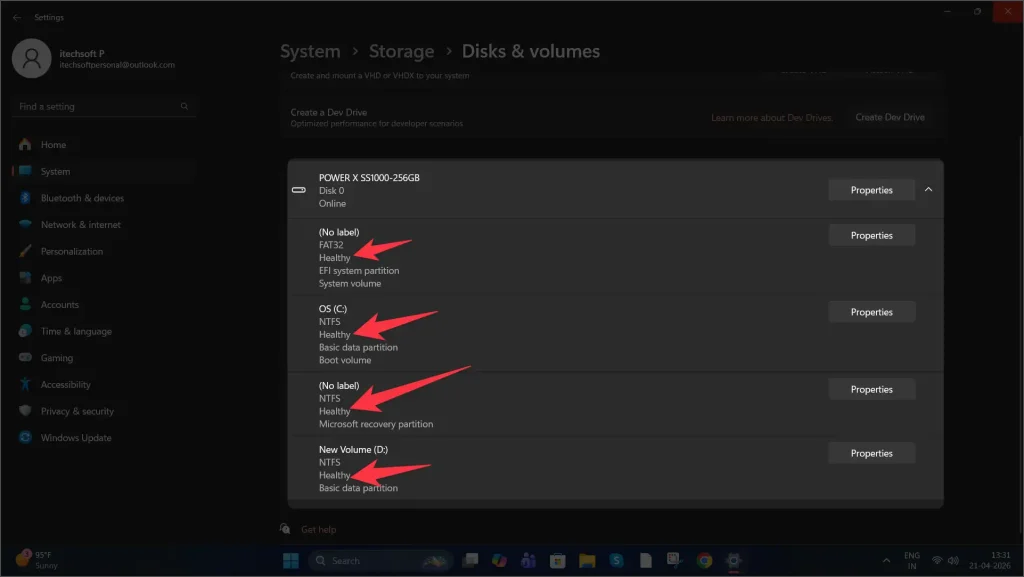 Properties in drive to check health of SSD on windows 11 computer